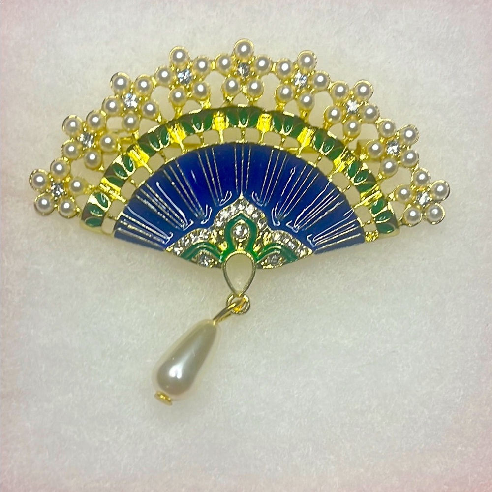 Resin Gold and Blue Fan Brooch